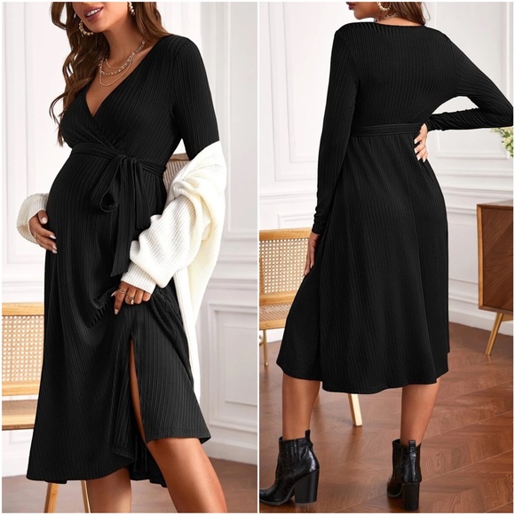 Maternity Rust Ribbed Long Sleeve Minimalist Dress - Picture 4 of 6